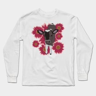 Baby cow with Red flowers Long Sleeve T-Shirt